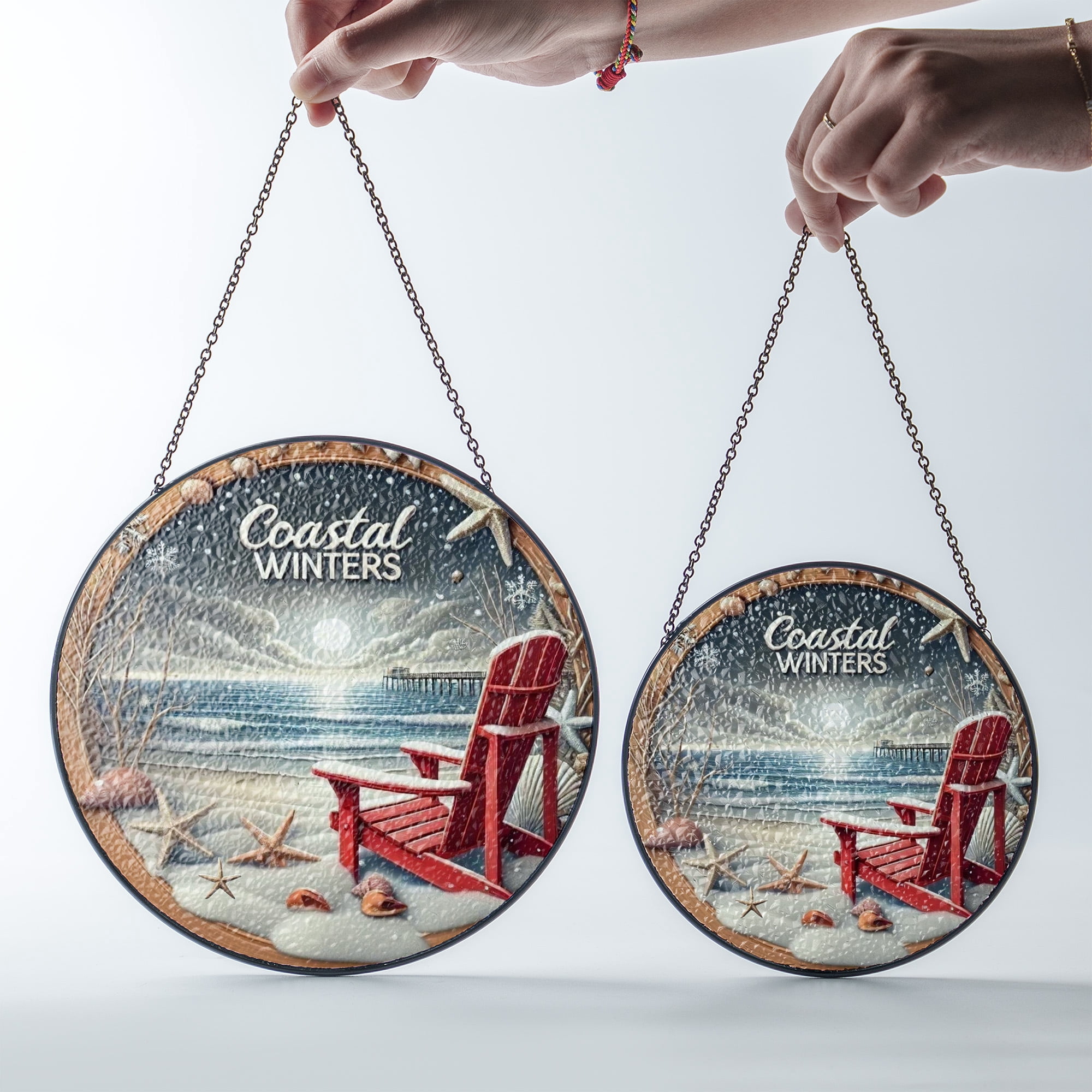 Coastal Winter Red Chair Driftwood Suncatcher Stained Glass Style UV Printed Glass Beach Holiday Home Decor Round