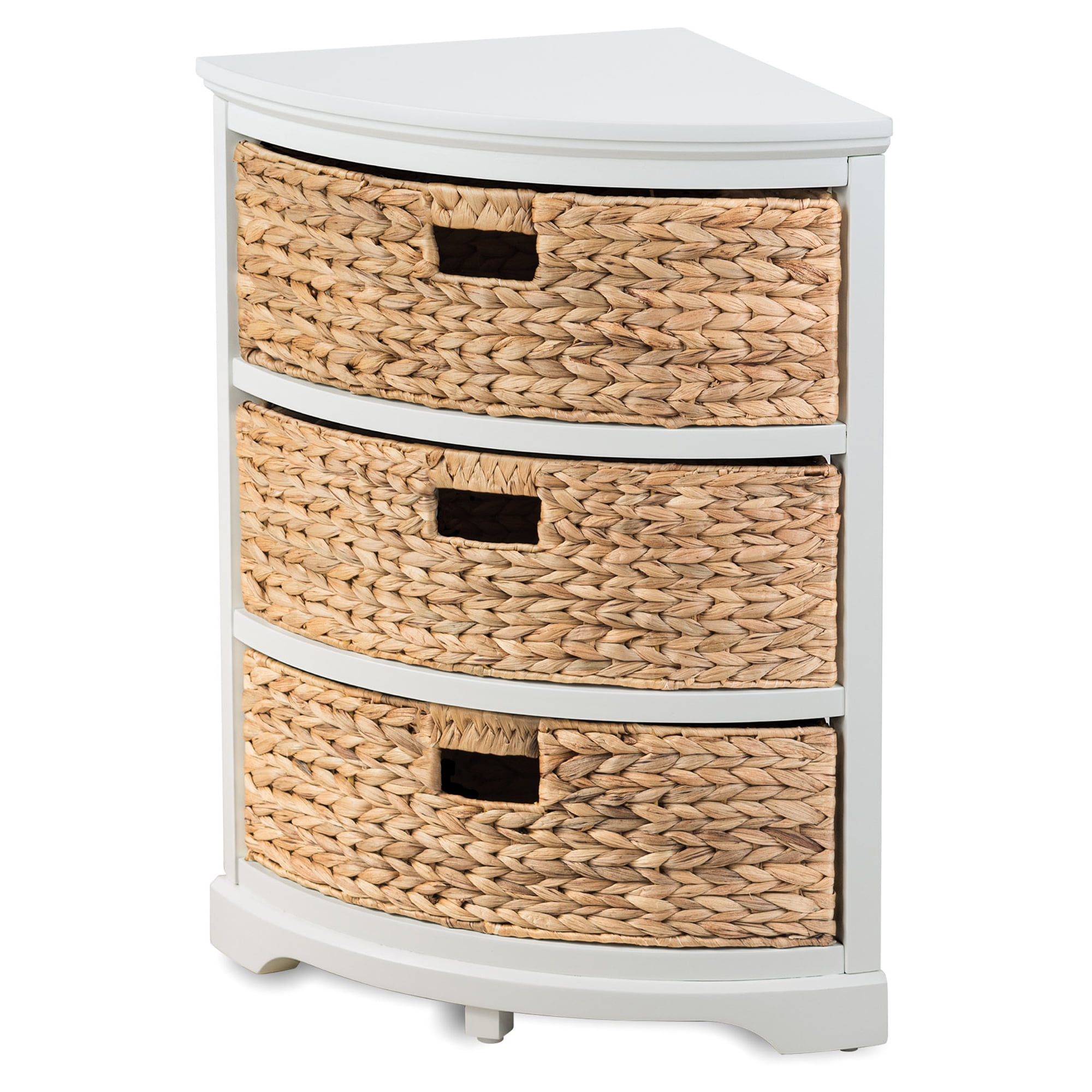 Hampton Meadows 3 Tier X-Side Corner Table Storage Cabinet with 3 Natural Water Hyacinth Wicker Baskets for Living Room, White
