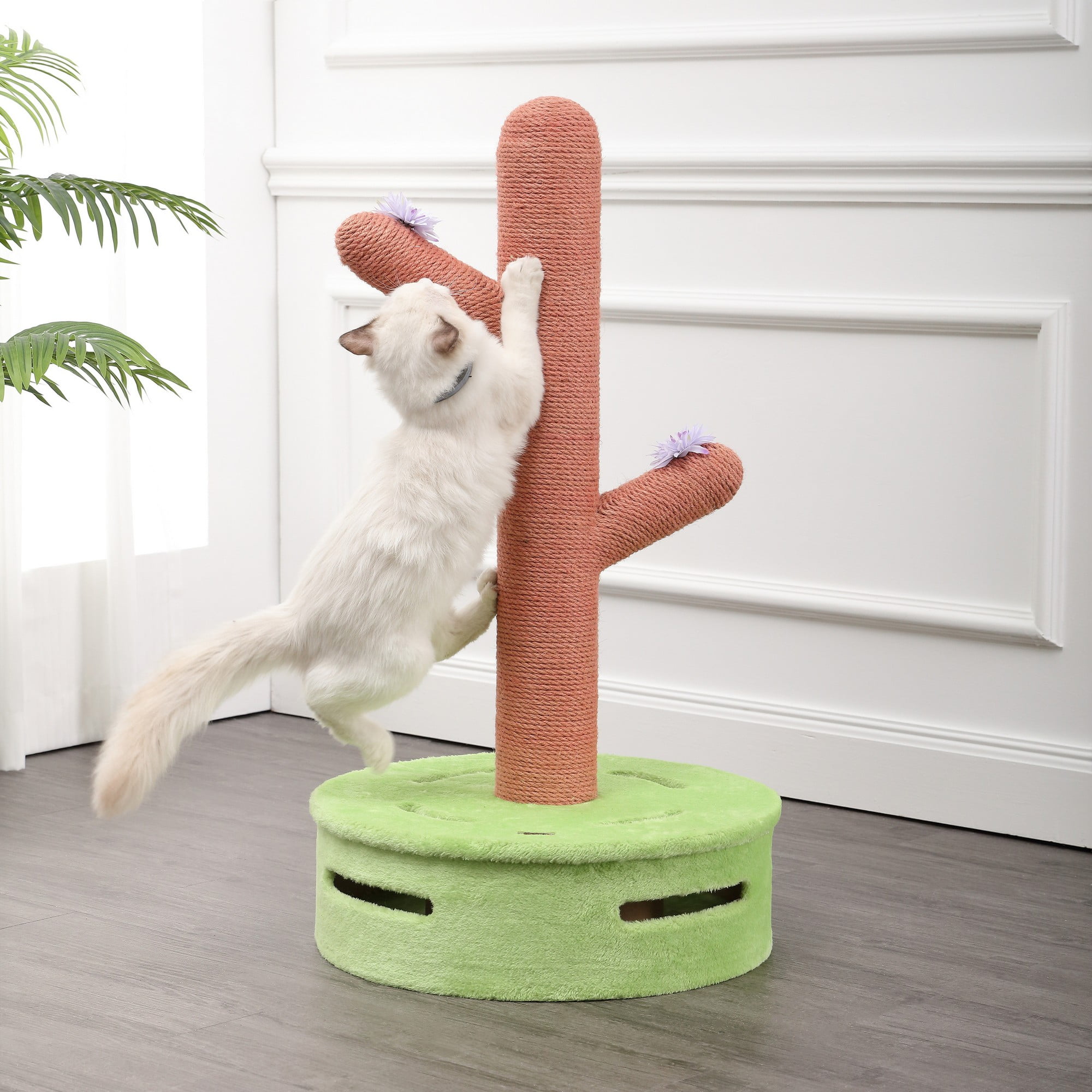 THE LICKER STORE Rosa 36" Modern Jute Cactus Cat Scratching Post with Flower Toys and Built-In Bell Toys, Pink/Green, CTR1004A