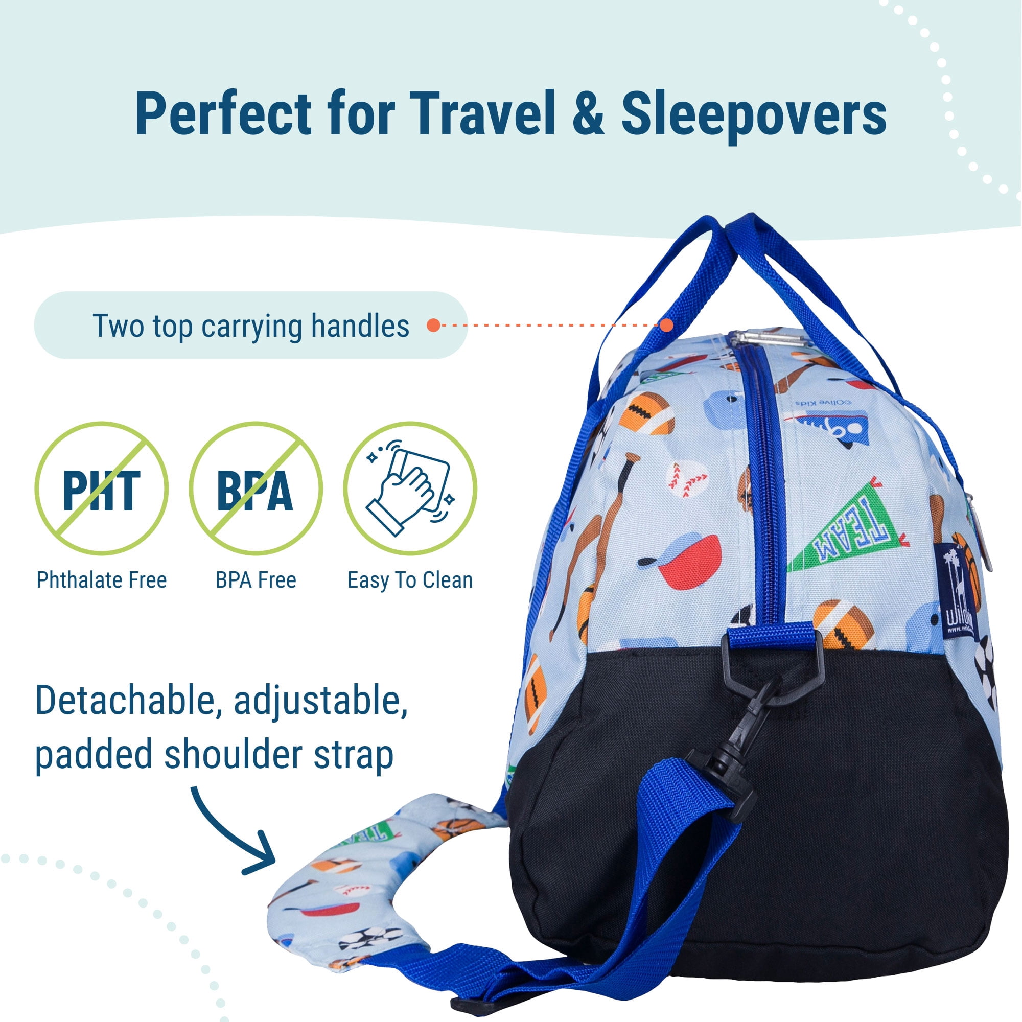Wildkin Kids Overnighter Duffel Bag for Boys & Girls, Features Two Carrying Handles and Removable Padded Shoulder Strap, BPA & Phthalate Free (Game On Blue)