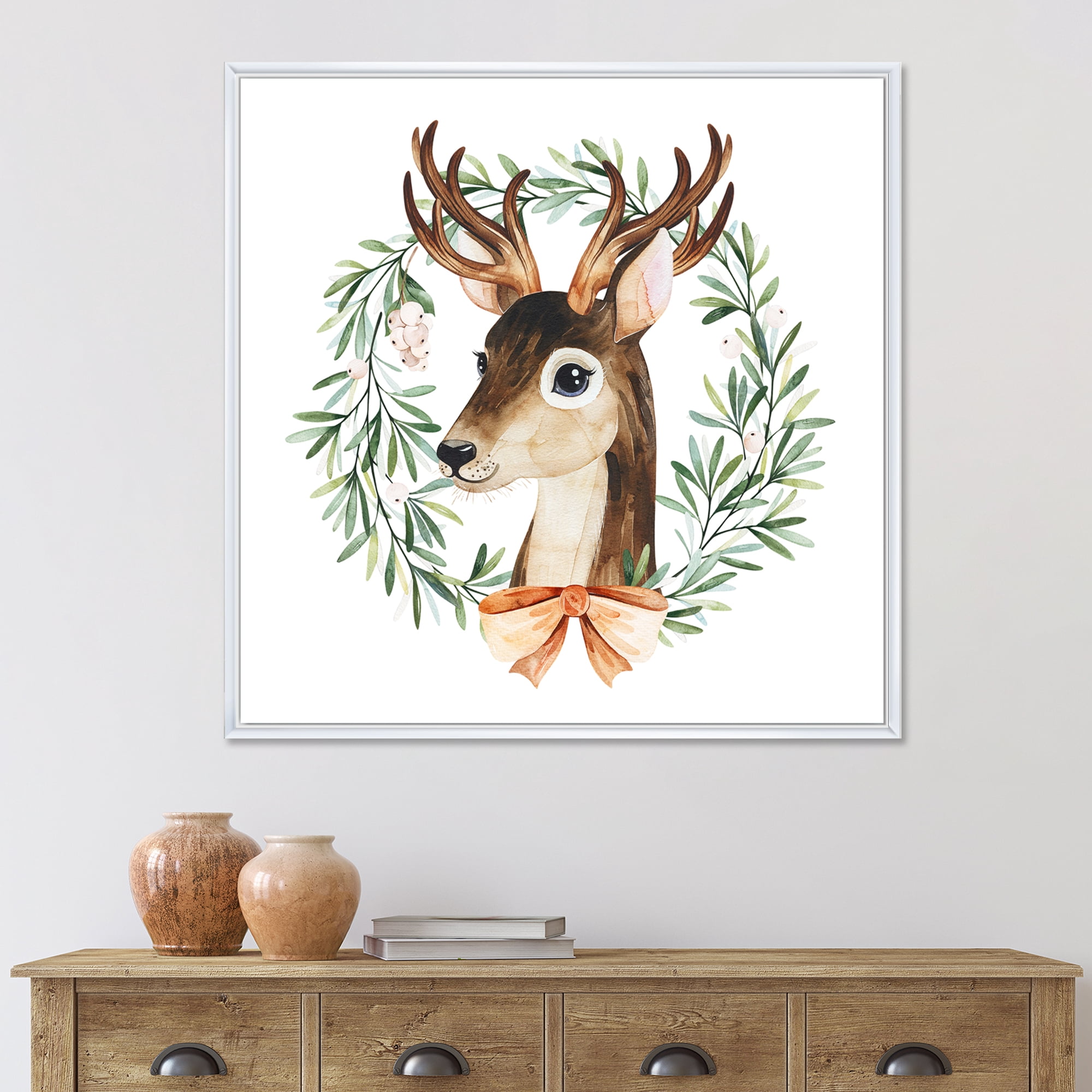 Designart 'Floral Wreath Isolated On White Over Deer' Farmhouse Framed Canvas Wall Art Print