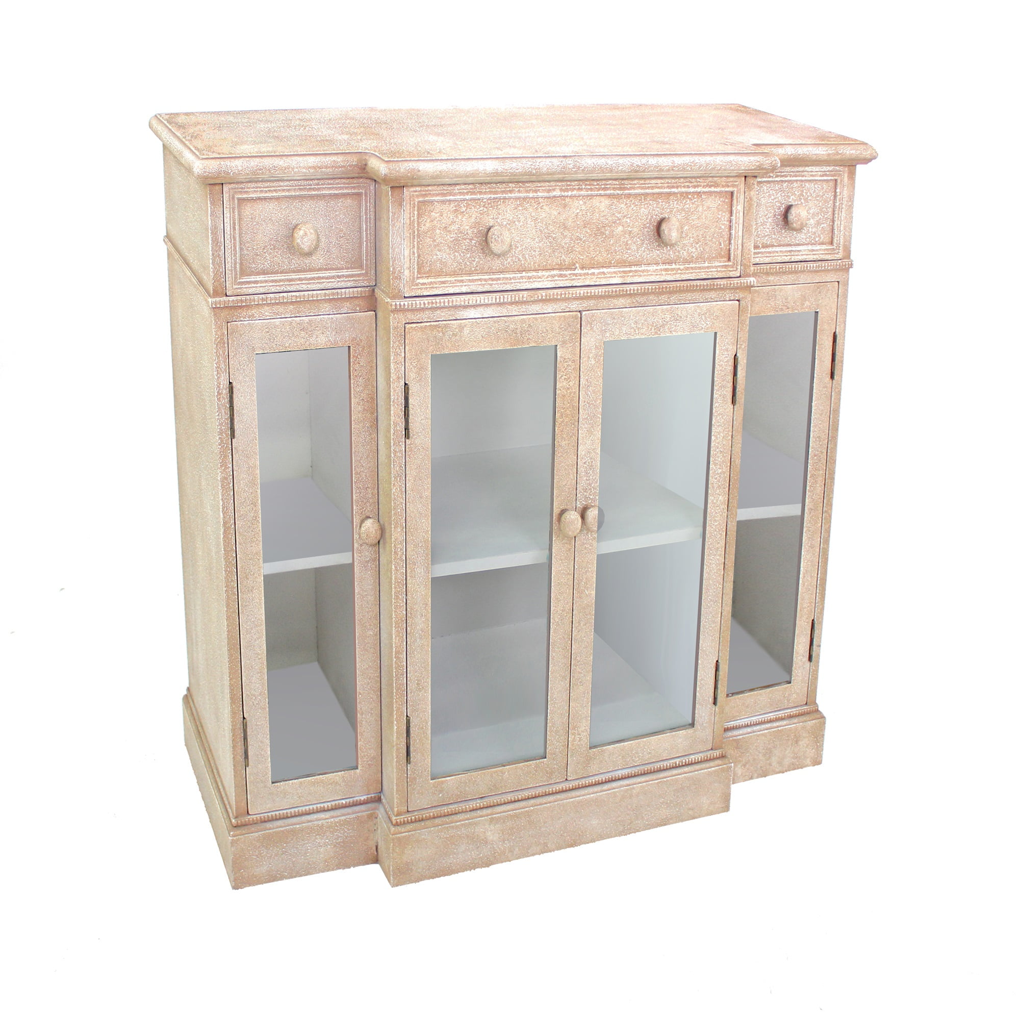 4 Door Wood and Glass Storage with 3 Drawers, Beige and Clear