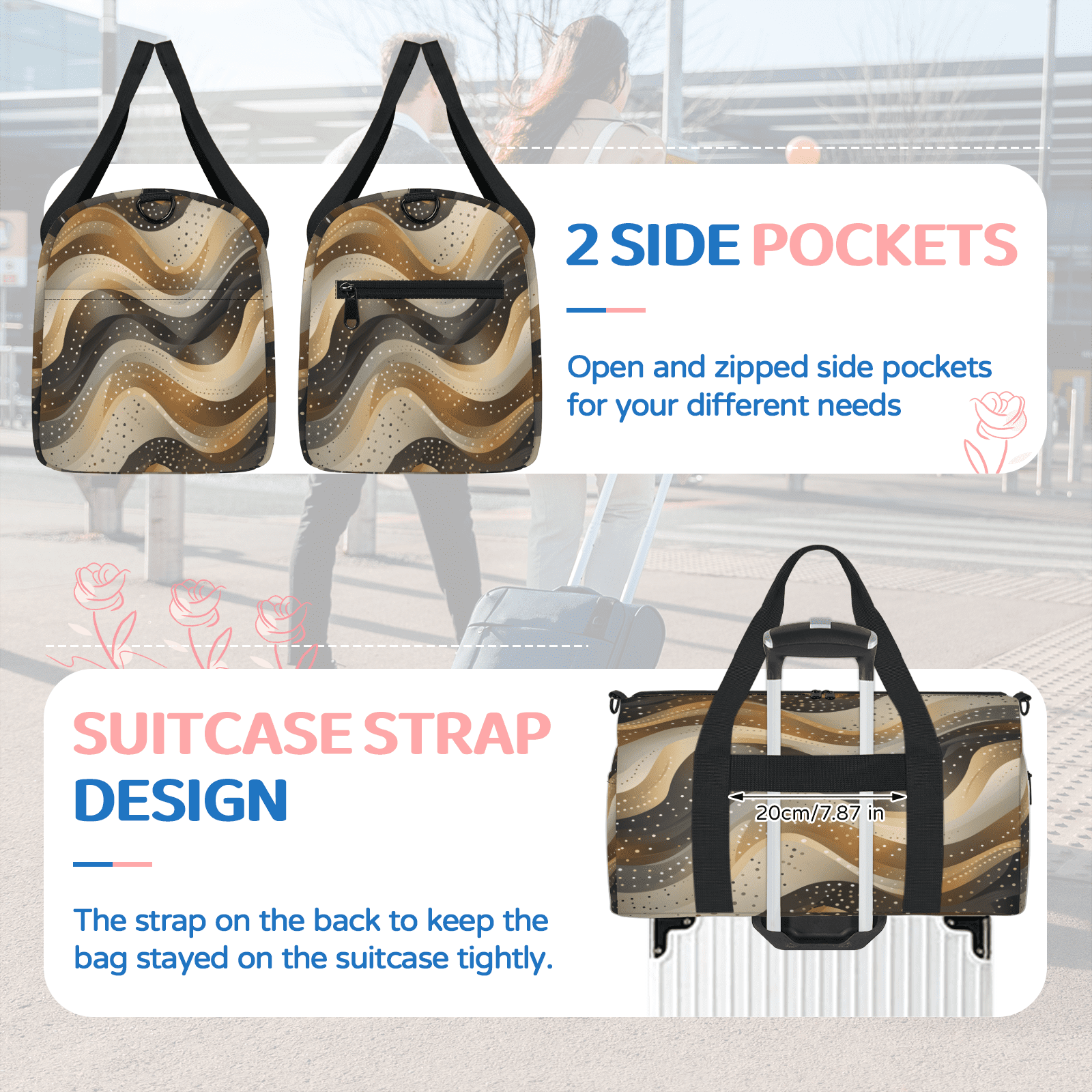 Herdesigns Gold Travel Duffle Bag Sports Yoga Weekender Overnight Carry on Workout Bags Lightweight Waterproof Gym Tote Bag for Women Geometric Textured