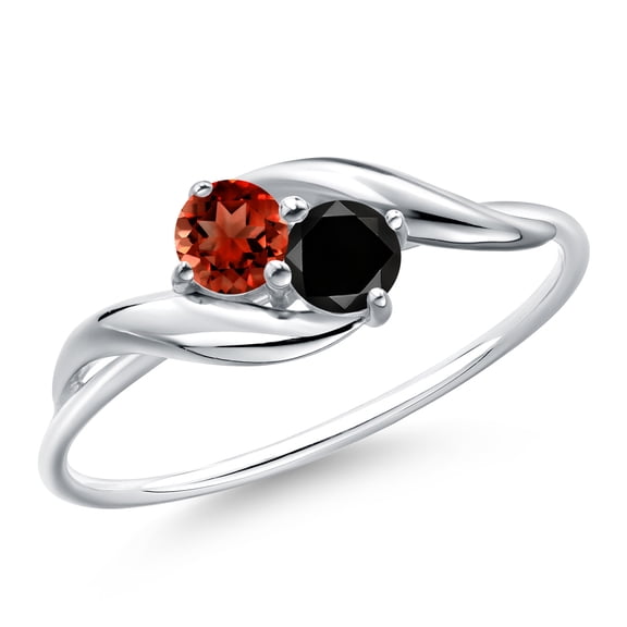 Gem Stone King 10K White Gold Round Red Garnet and Black Diamond Ring for Women (0.37 Cttw, Round 3.5MM, Gemstone January Birthstone, Size 7)