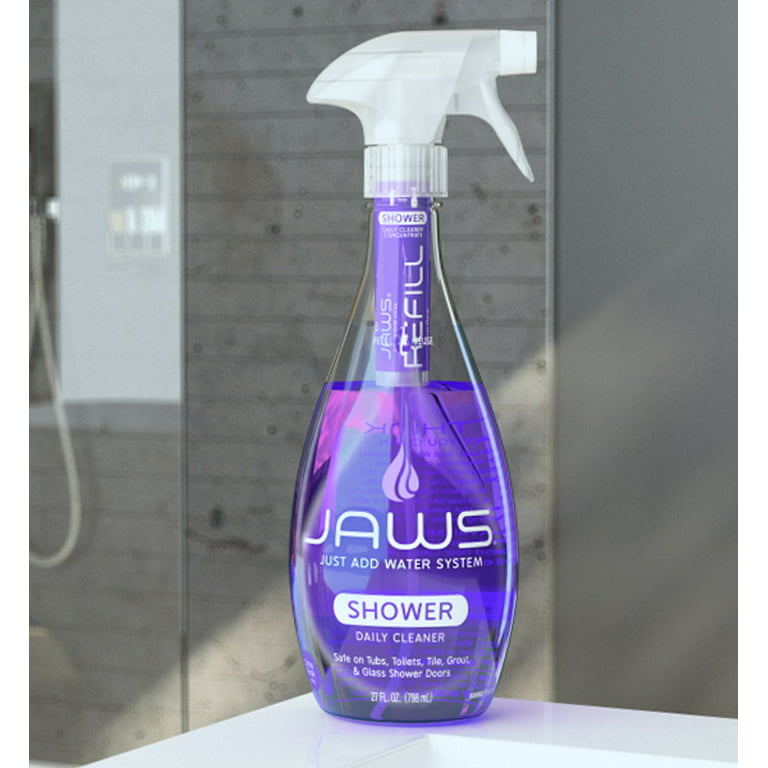 Jaws Cleaner Shower Cleaner Bottle with 2 Refill Pods. Refillable Cleaning Supplies.