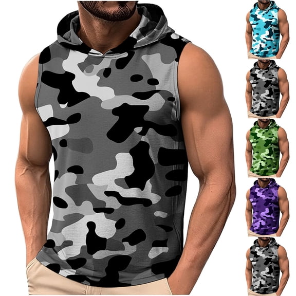 DDAPJ pyju Sleeveless Hoodies for Men Workout Hooded Tank Tops Camouflage Print Bodybuilding Cut Off T Shirt Athletic Muscle Shirts Blue M