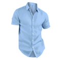 thumbnail image 5 of Basic Mens Short Sleeve Cotton Linen Shirt Button Up Turn Down Collar Casual Summer Beach Vacation Breathable Solid Shirt Light Blue 3XL, 5 of 6