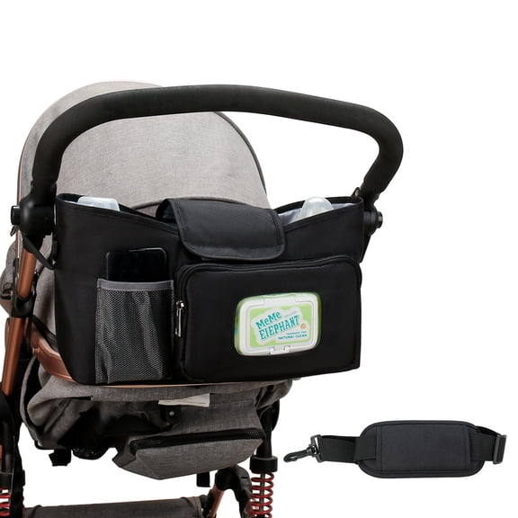 Universal Stroller Caddy Organizer with 2 Insulated Cup Holders & Hook/Loop Attachment - Fits All Strollers, Removable Shoulder Strap, 2 Large Storage Pockets