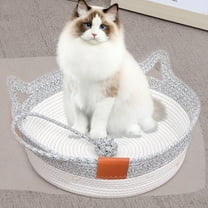 SPOORYYO Cat Basket, Pets Hand Woven Sleeping Bed Basket, Rope Round Cat Nest with Built-in Scratching Pad and Play Ball for Cats and Dogs All-Season