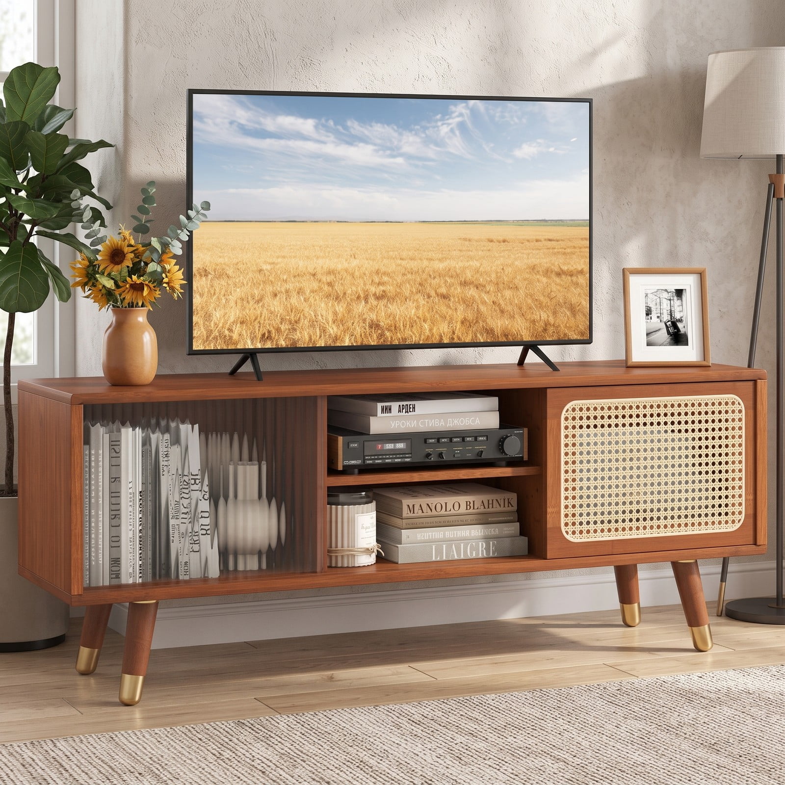 Furnibear Modern TV Stand for TVs up to 55 Inch, Bamboo Entertainment Center with Rattan Tempered Glass Sliding Doors, Adjustable Shelf & Cable, Natural Brown