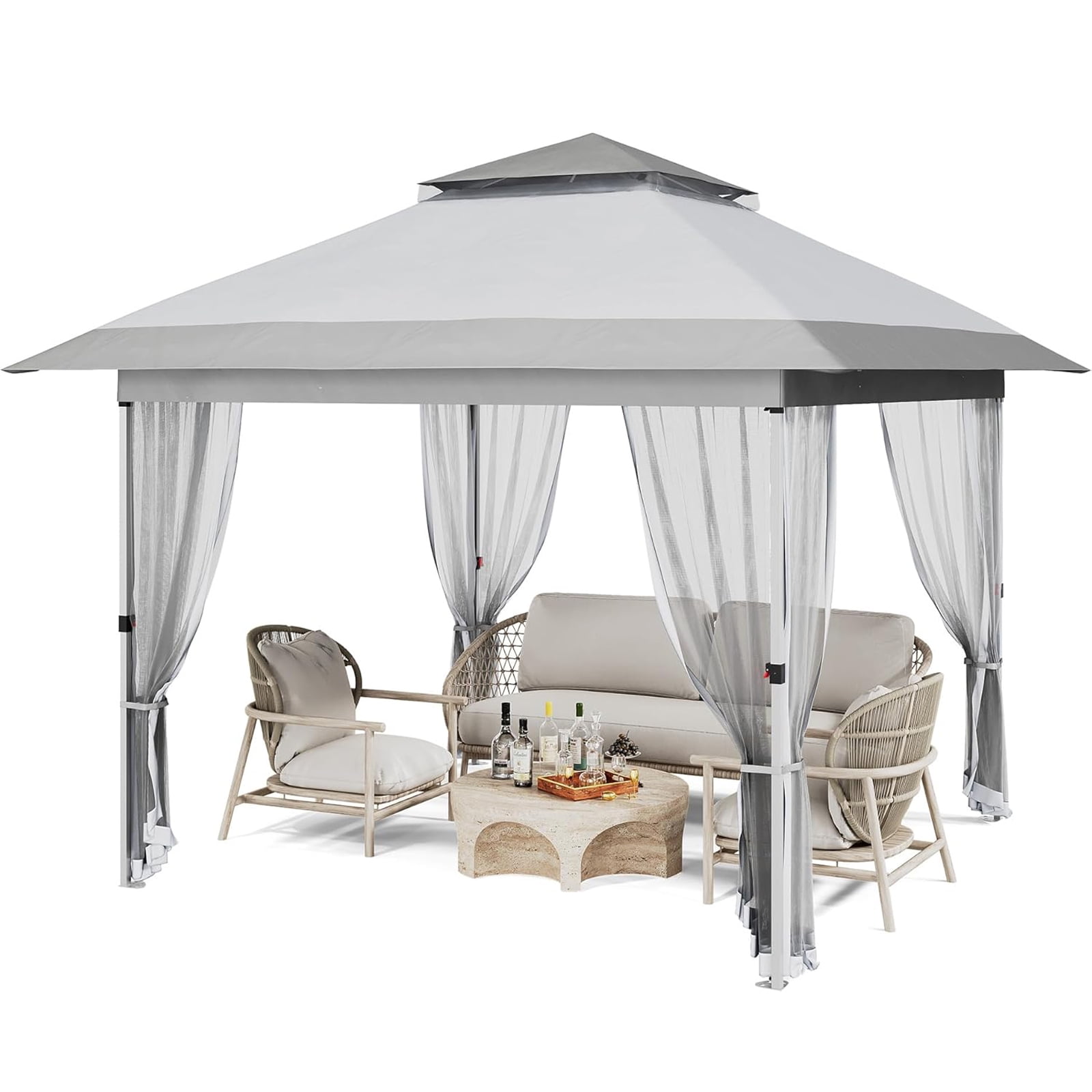 Pop Up 10'x10' Gazebo Outdoor Canopy Tent with Mosquito Netting, Pop Up Canopy Tent with Curtains/Adjustable Height/Wheeled Carry Bag for Patio Garden Backyard Lawn