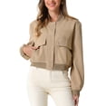 thumbnail image 1 of Chaqueta bomber de botón Inspire Chic para mujer, con cuello alto, de manga larga, casual y corta, talla L, color caqui, 1 of 6