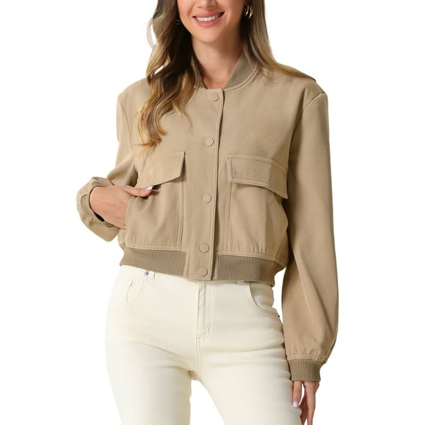 Chaqueta bomber de botón Inspire Chic para mujer, con cuello alto, de manga larga, casual y corta, talla L, color caqui