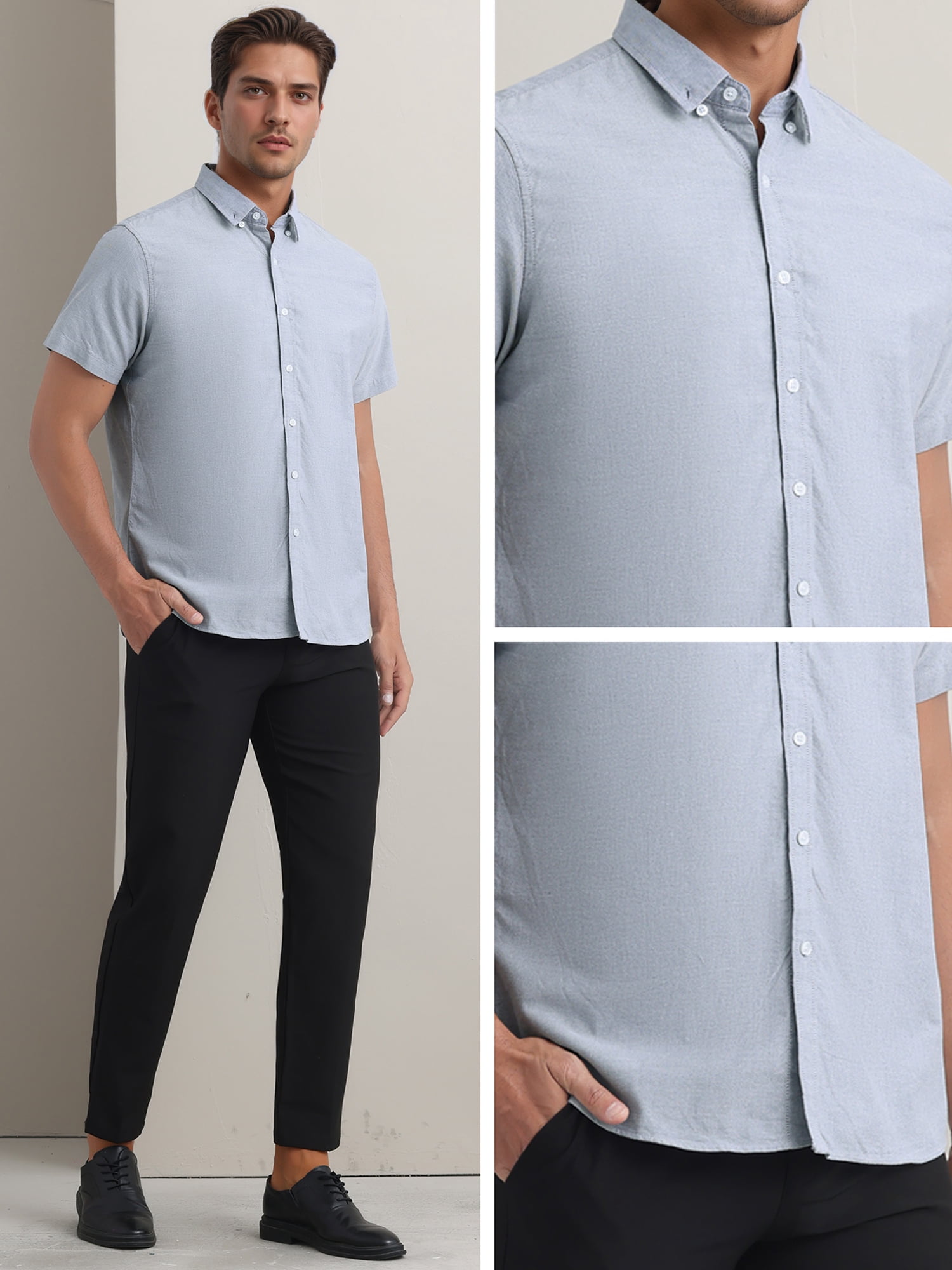 Unique Bargains Men's Short Sleeve Cotton Regular Fit Button Down Formal Shirt M Gray
