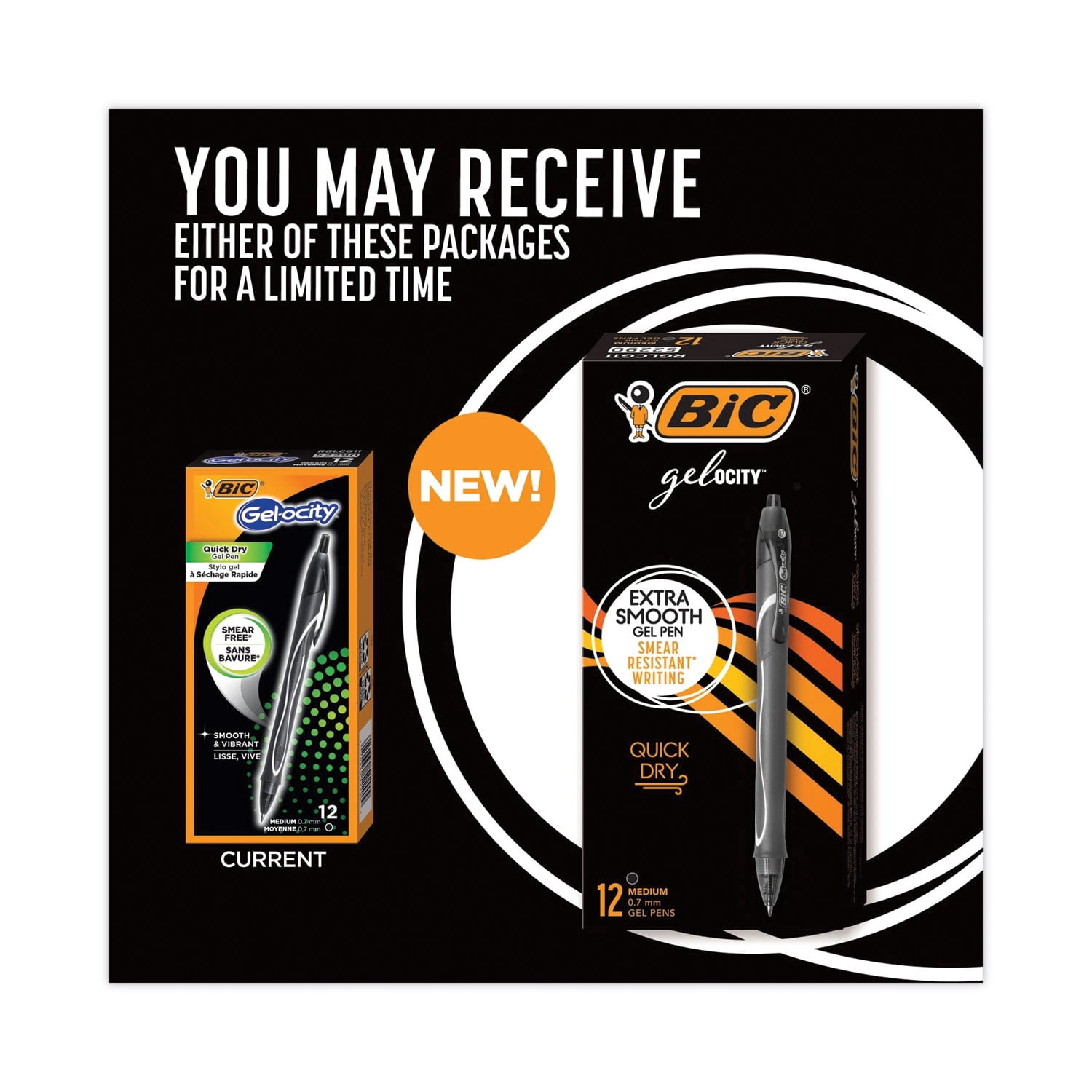 BIC Gel-ocity Quick Dry Gel Pen, Retractable, Medium 0.7 mm, Black Ink, Black Barrel, Dozen, Each