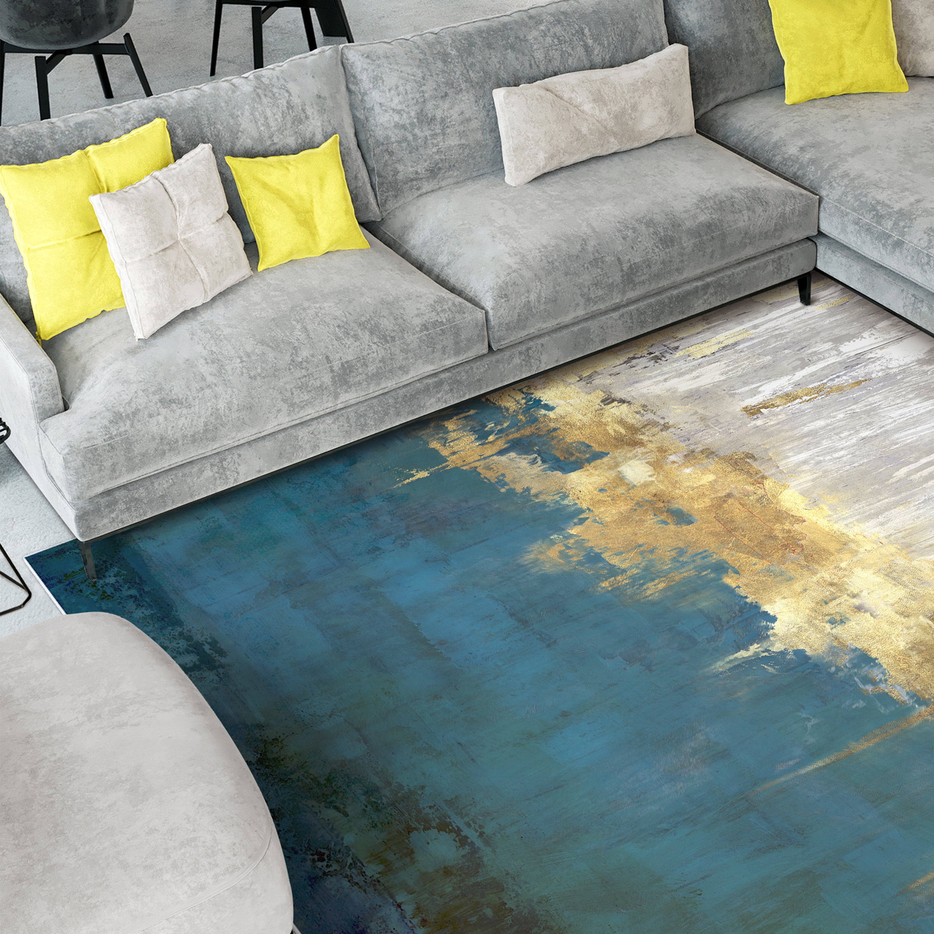 Golden Blue Horizons Washable Abstract Art Area Rug size 8'x10', Power-loomed, Heavenly Softness with Non-Slipping Backing