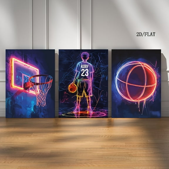 2D Flat, 2D/FLAT 3pcs Neon Basketball Poster Gift for Boys Basketball Dream Canvas Painting Poster Wall Art Room Home Living Room Wall Decor Art Gift Frameless