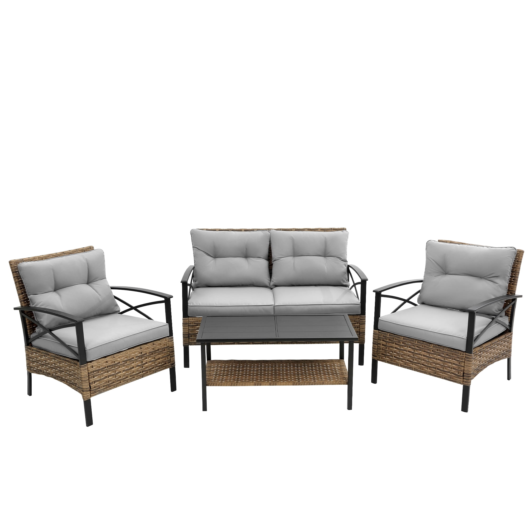 Patio Furniture Set,4 Piece Patio Conversation Set,Outdoor Wicker Sectional Furniture with Sofa and Coffee Table for Porch, Deck,Gray