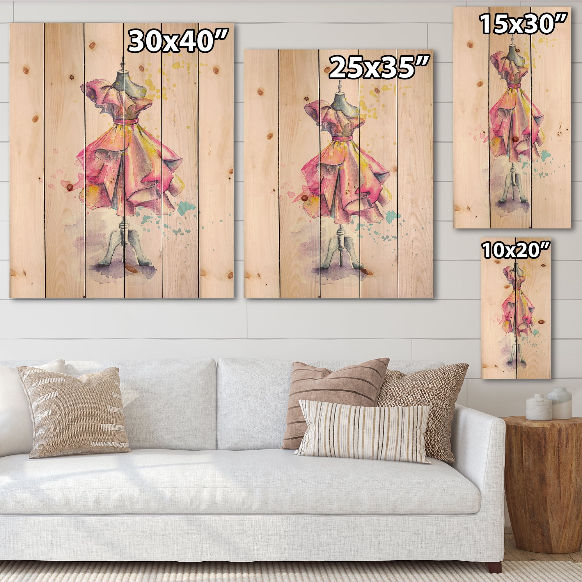 Designart 'Beautiful Purple Dress With Folds On Fashion Mannequin' French Country Print on Natural Pine Wood