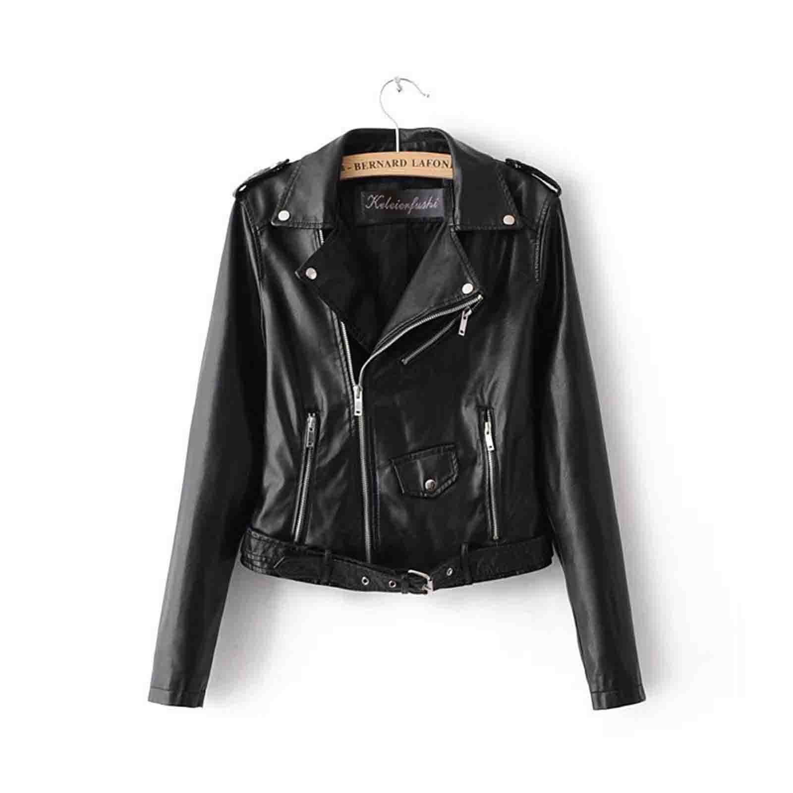 Sokhug Faux Leather Jacket Women Motorcycle Short Coat Moto Biker Blazer Casual Pleather Jackets, Black