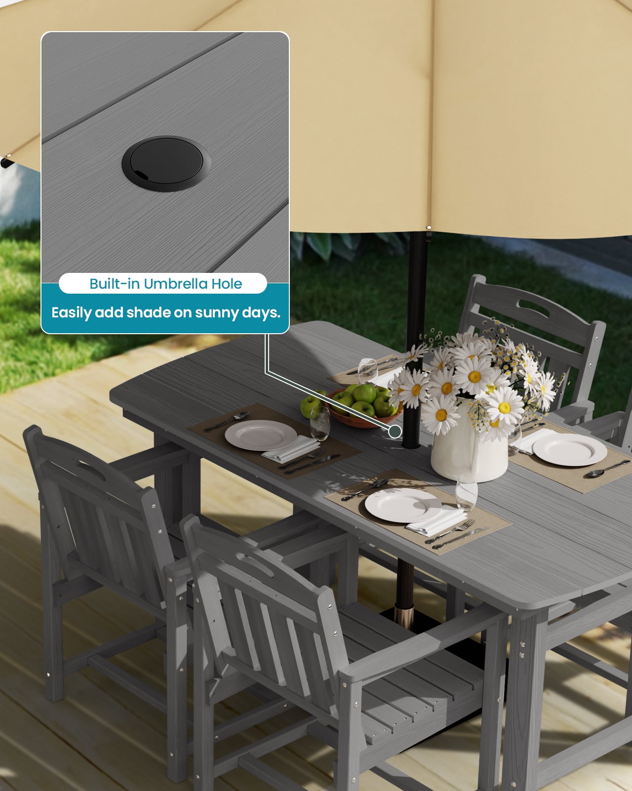 Harbweb 6-Person Weather Resistant Patio Dining Table with Umbrella Hole, Gray