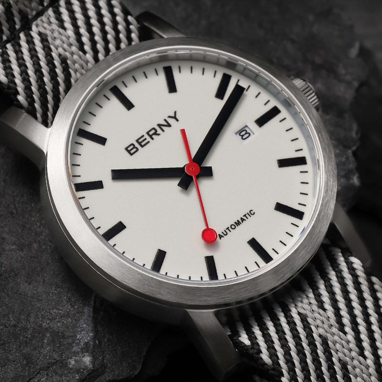 BERNY Automatic Watches for Men, Luxury Self Winding Mechanical Dress Watch with Date, Nylon Strap, Sapphire Crystal, Luminous, Stainless Steel, 50M Waterproof, Minimalist Mens Watches (White)