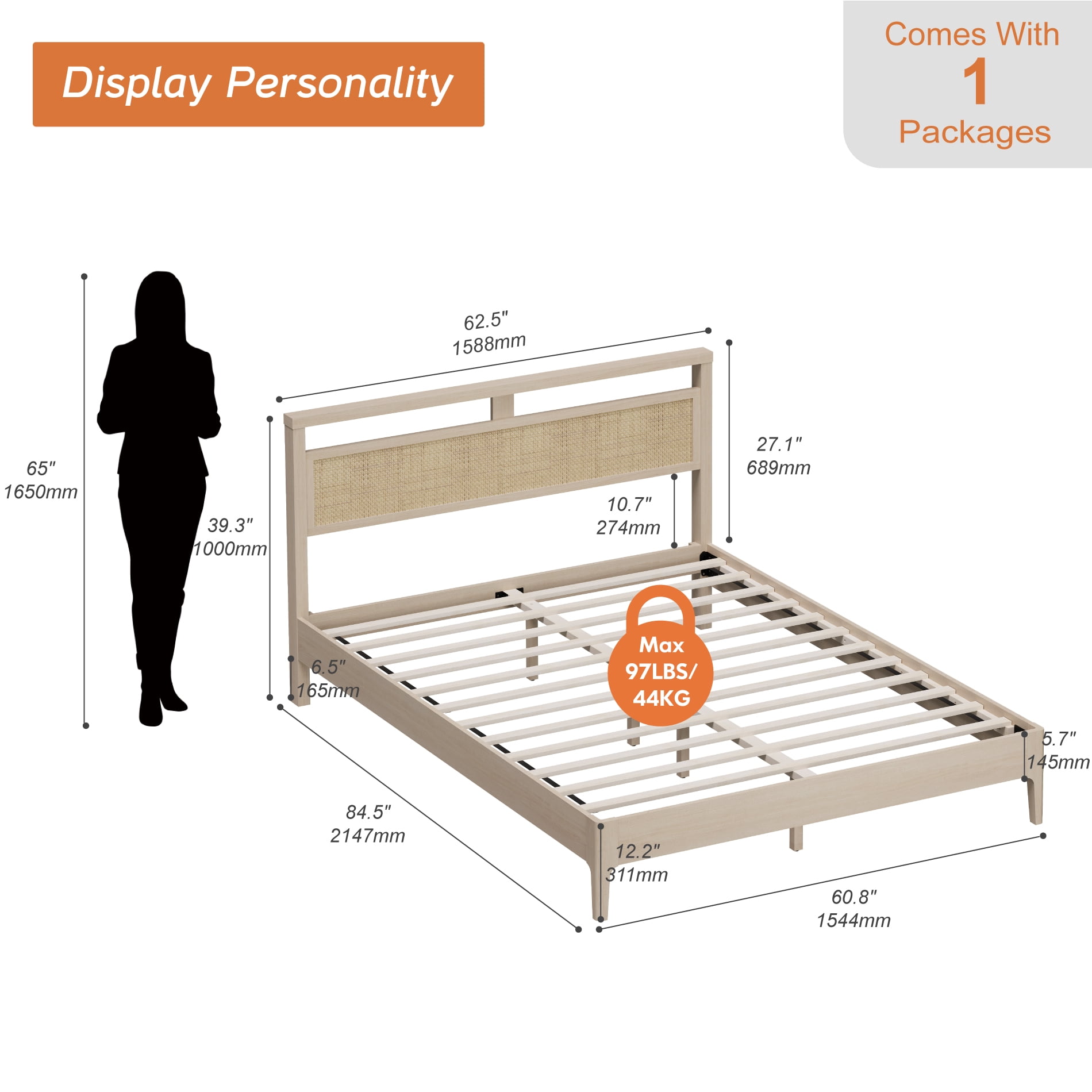 Queen Size Bed Frame with Rattan Headboard, Wooden Bed Frame with Solid Wood Legs and Multiple Mid-Position Supporting Beams for Bedroom Furniture, Quiet and Stable, Beige