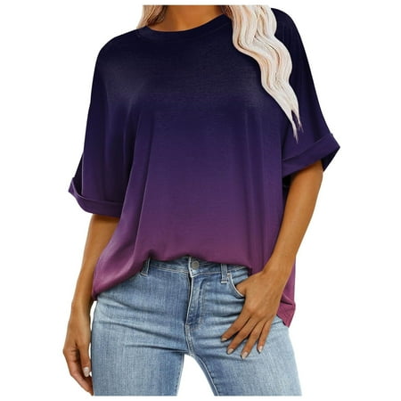 Giftesty Womens T-Shirts Clearance Women s Casual Crewneck Short-Sleeved Gradation Print Short Loose T-Shirt Tops Sizes Purple XL