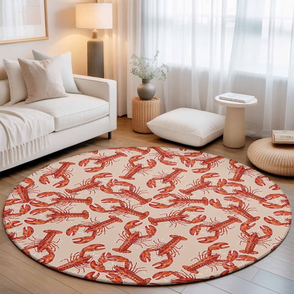 Round Area Rugs 4Ft, Coastal Lobster Non-Slip Washable Circle Rugs Carpet, Summer Beach Ocean Marinelifes Red Brown Indoor Outdoor Rug Floor Mats Throw Runner for Bedroom Living Room Bathroom