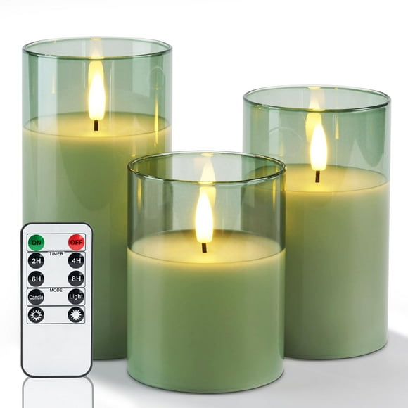 Velas sin llama Amagic Green Glass con control remoto y temporizador, juego de 3
