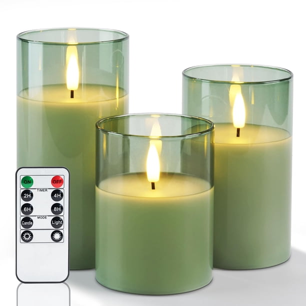 Velas sin llama Amagic Green Glass con control remoto y temporizador, juego de 3