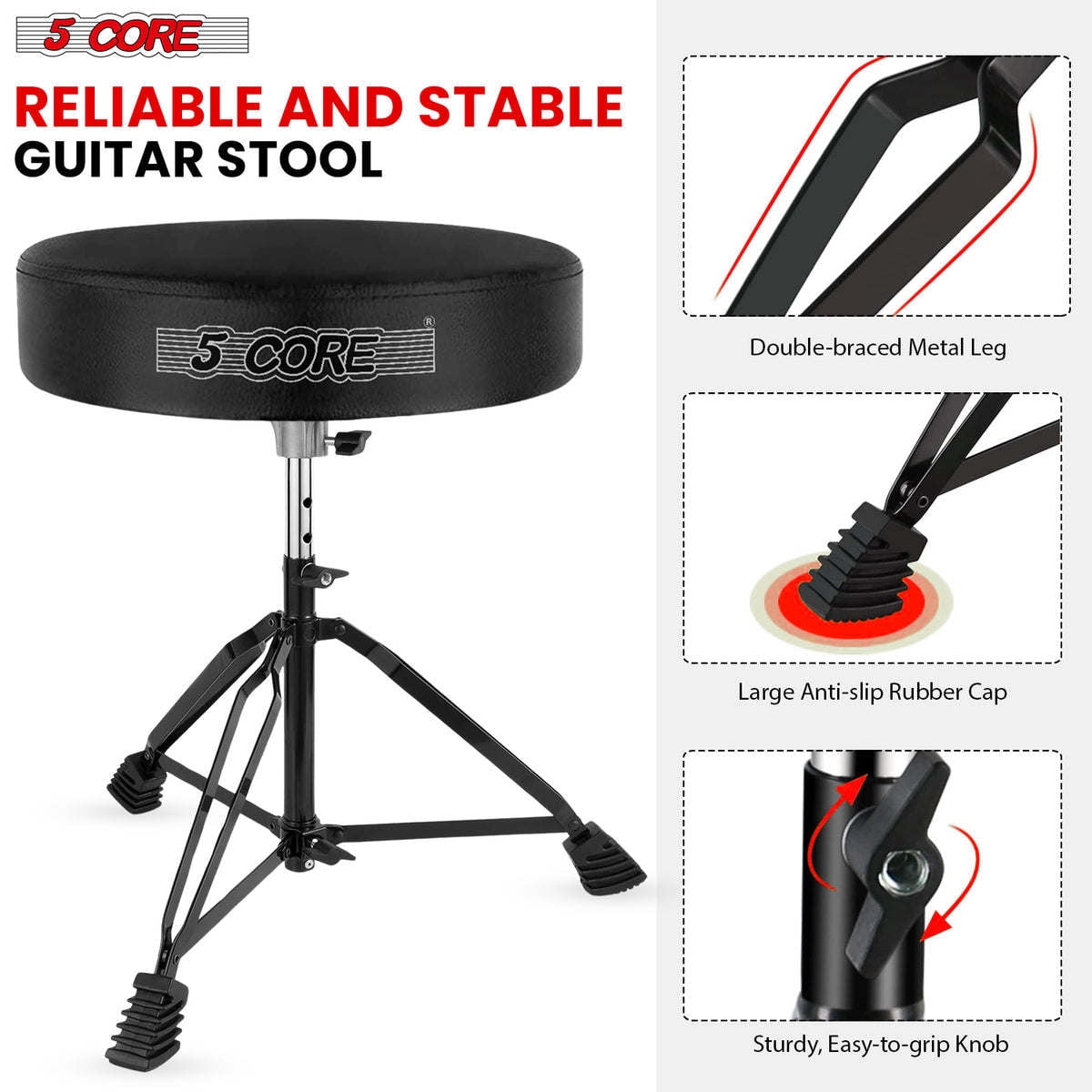 Adjustable Padded Drum Throne & Guitar Stool - Anti-Slip Rubber Feet, Universal Music Chair for Adults & Kids - Black