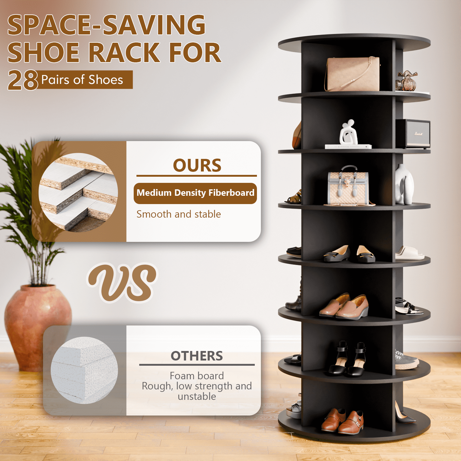 Waleaf 7 Tier Rotating Shoe Rack Tower, 360° Spinning Shoe Display Lazy Susan, Free Standing Shoe Organizer, Black