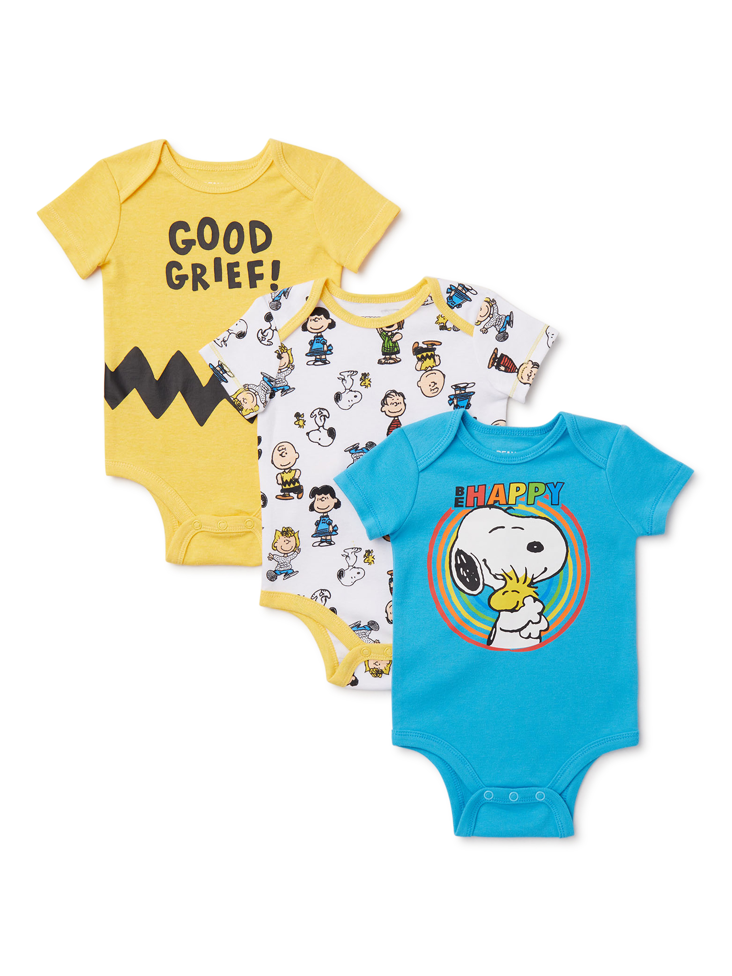 Snoopy Baby Boy Short Sleeve Bodysuits, 3Pack