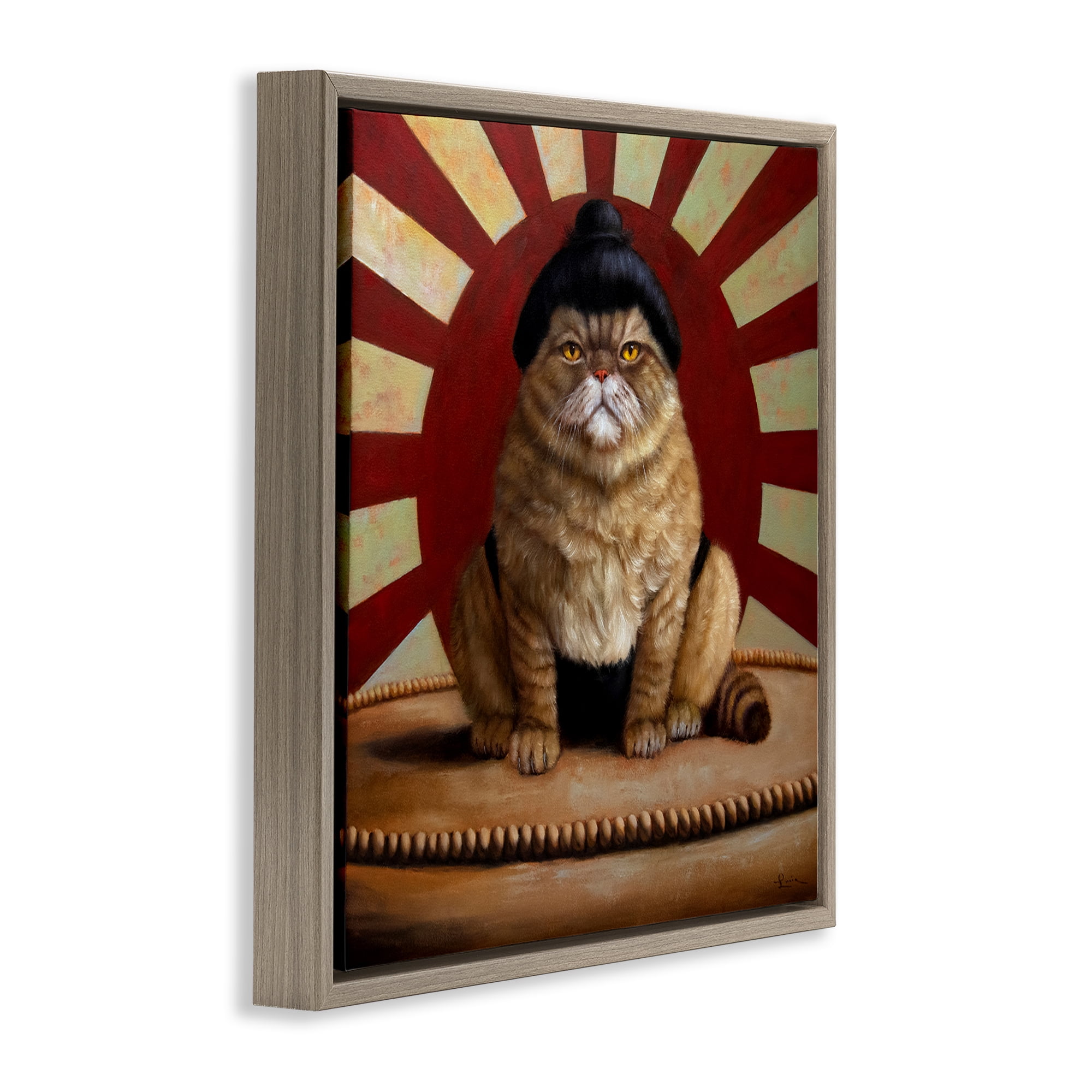 Stupell Industries Sumo Cat with Sun Rays Brown Framed Floater Canvas Wall Art, design by Lucia Heffernan