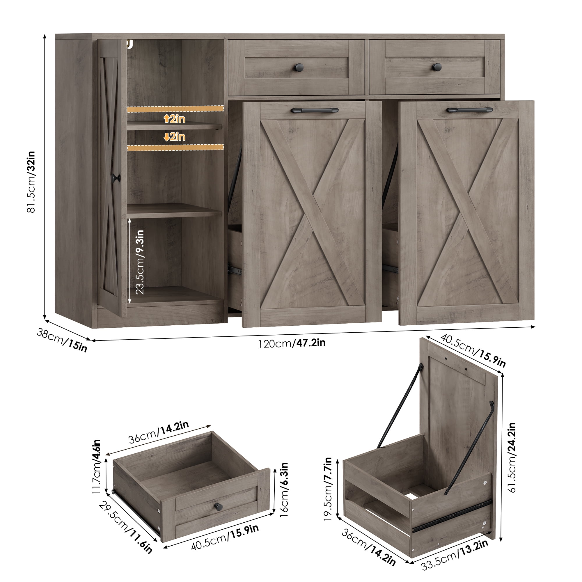Homfa 47.2"W Kitchen Sideboard Credenza, Trash Can Cabinets Fits 12.5 Gallon Can, 2 Drawer Wood Buffet Storage Cabinet with Adjustable Shelf, Wash Gray