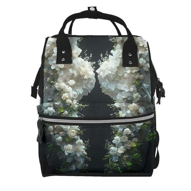 Easygdp Floral Angelic White Wings para Bolsa de Bebé de Gran Capacidad con Múltiples Bolsillos, Bolsa de Pañales para Padres, Bolsa de Viaje Organizada y Elegante