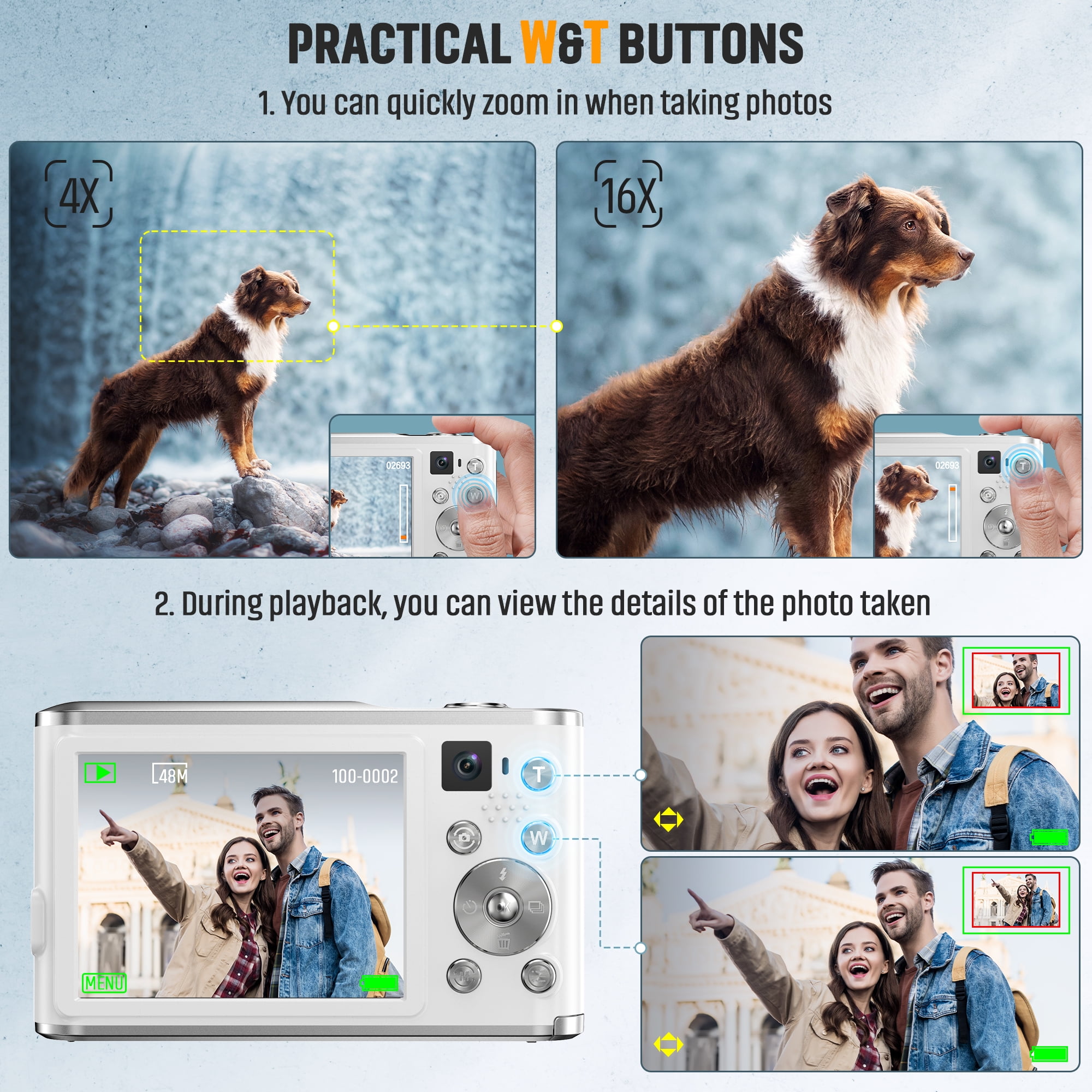 4K 48MP Vlogging Camera with 2.8" Screen, Autofocus & 16X Zoom, Front/Rear Cameras, 32GB TF Card Included, Portable for Travel (White)