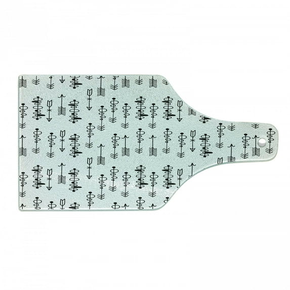 Tribal Cutting Board, Hand Drawn Sketchy Image with Ethnical Inspired Shapes Arrows Print, Decorative Tempered Glass Cutting and Serving Board, Wine Bottle Shape, Black and White, by Ambesonne