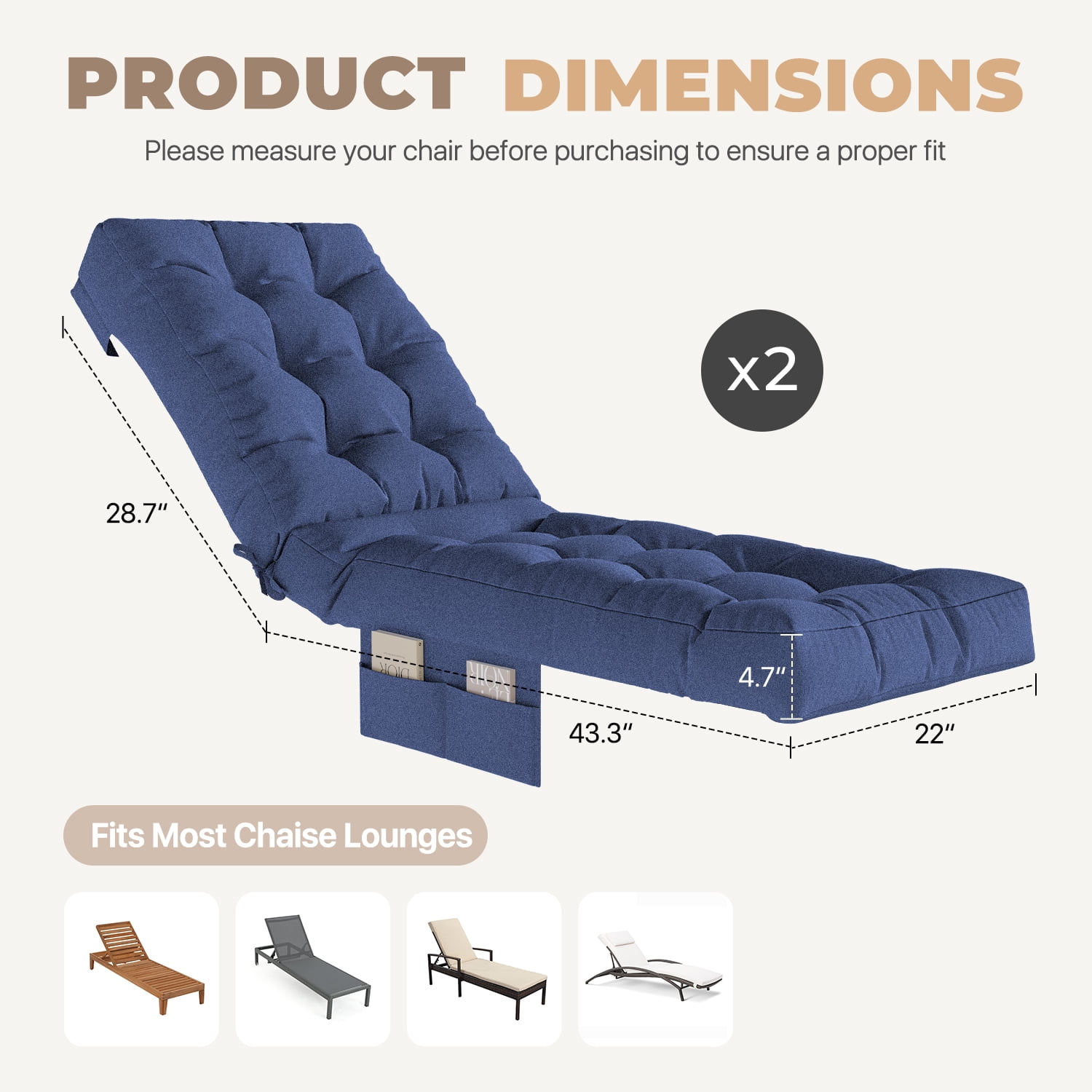 BaPiPro Navy Blue 2-Pack Outdoor Chaise Lounge Cushion with Side Pocket, Triple Non-Slip Fixation, All-Weather Durable & Soft Fabric, Thickened Padding, Ideal for Patio and Poolside Use
