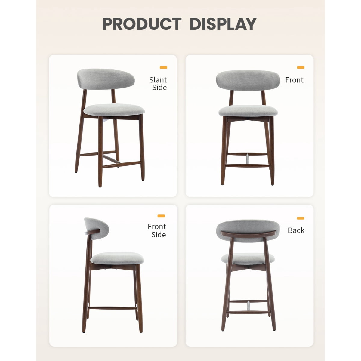 EOP Upholstered Counter Height Bar Stool with Back, Modern Kitchen Island Stool, Wood Leg Bar Chair for Kitchen Island Dining Room Bar Counter, Light Gray