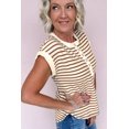 thumbnail image 3 of Casual Khaki Stripe T-Shirt for Women – Short Sleeve Round Neck Top with Button Detail, M, 3 of 7