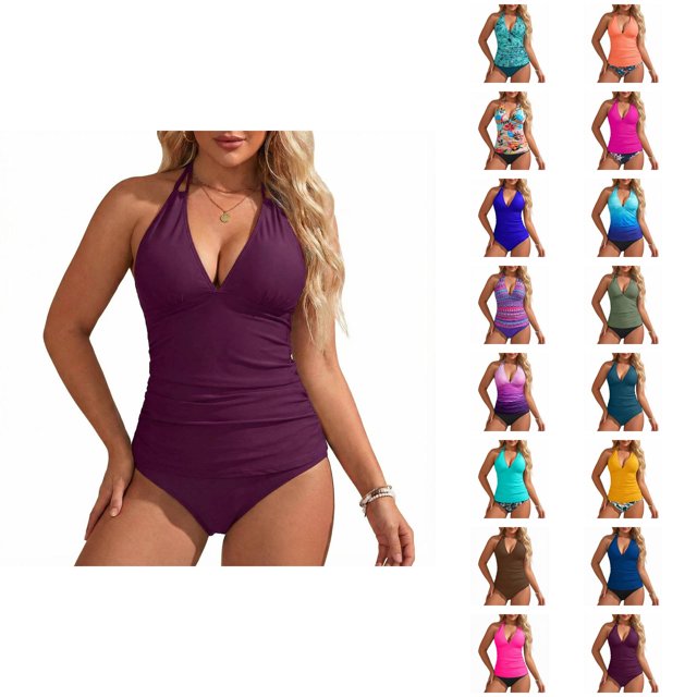 Womens Swimsuits Tankini Fashion Deep V Neck Slimming Tummy Control with High Waisted Bottom Two Piece Bathing Suits Woman