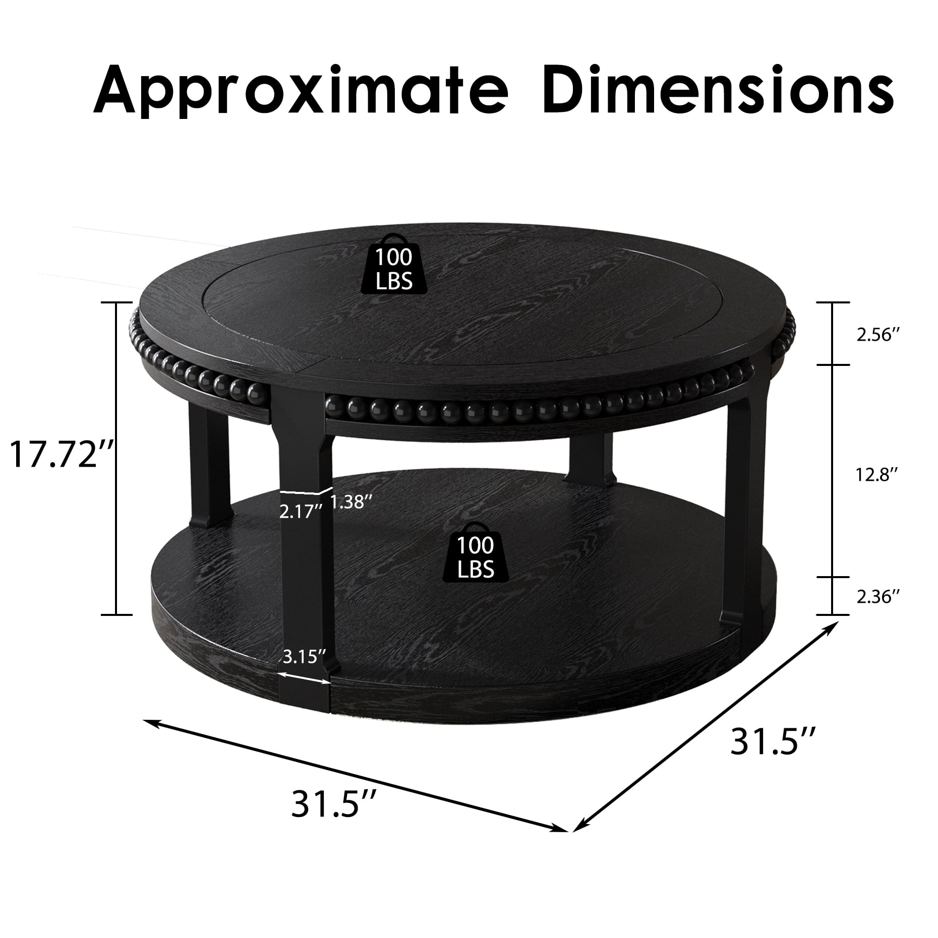 31.5" Round Solid Wood Coffee Table with 2-Tier Storage Shelf, Modern Circle Center Table with Thickened Top & Sturdy Wood Legs for Living Room,Black