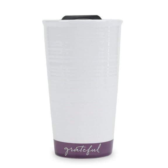 Lighthouse Grateful Textured Dark Purple 12 ounce Ceramic Travel Tumbler Mug