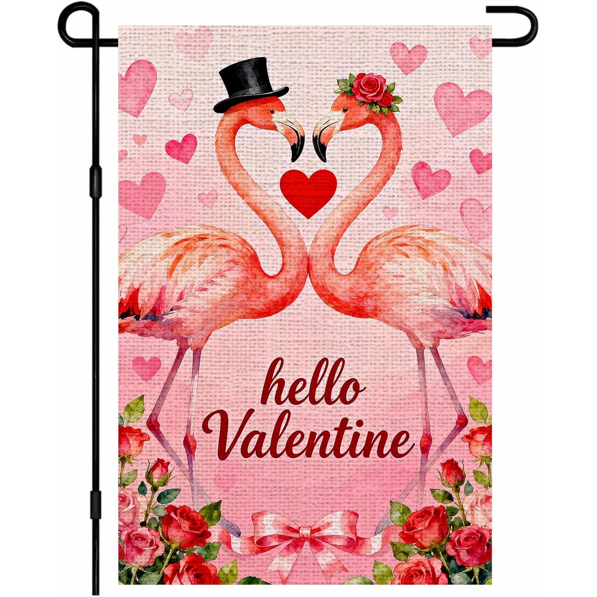 Valentines Day Garden Flag 12 x 18 Inch Yard Flag Double Sided Burlap Romantic Flamingo Couple Hello with Roses Decorative Small Flags for Outside Seasonal Farmhouse Yard Outdoor Decoration Flags