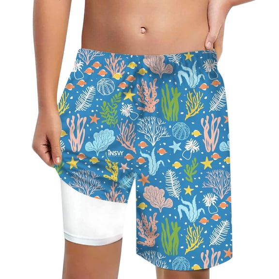 Boys 2-in-1 Swim Trunks Drawstring Quick Dry Hwaiian Printed Beach Board Shorts with Built-in Liner Bathing Outfits