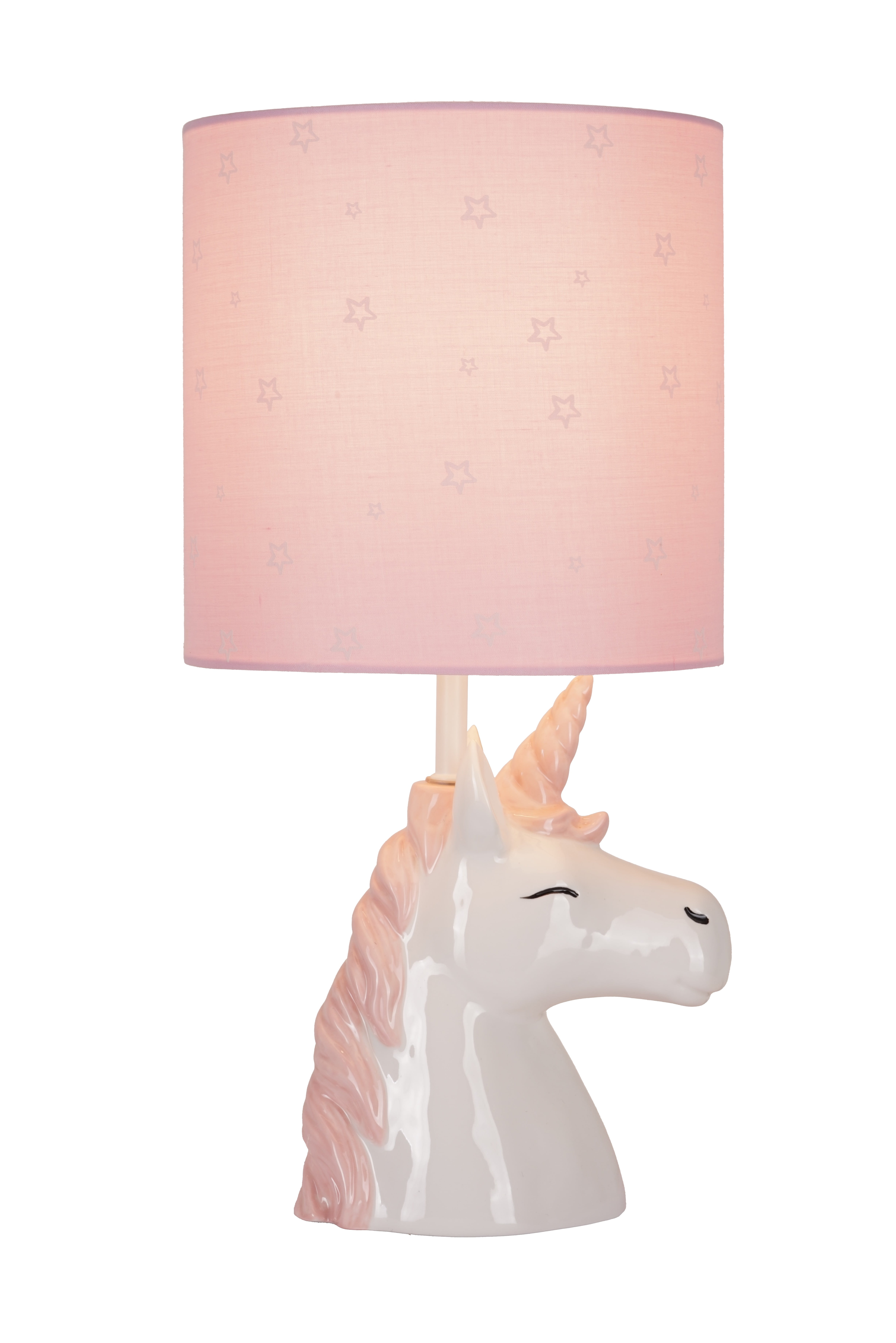 YourZone 16"H Ceramic Unicorn Accent Lamp, Pink and White Glossy Finish with Glow-in-the-Dark Star Print Shade