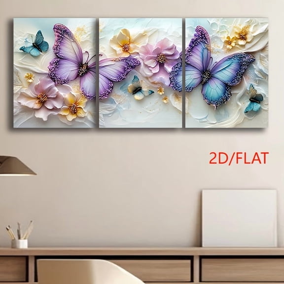3pcs Frameless Printed Art, Luxury Purple and Blue Butterfly Canvas Wall Art Set - Multiple Sizes Available, Perfect for Home, Office, and Cafe Decor, Ideal for Room Decoration