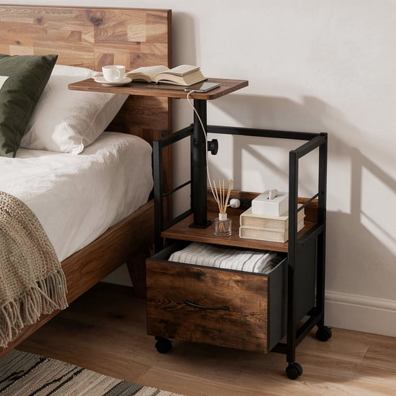 Keelian Height Adjustable Nightstand with Charging Station, Rotating Side Table for Recliner, Bedside Table with Open Shelf & Fabric Drawer, Locking Wheels, for Bedroom, Living Room,Rustic Brown